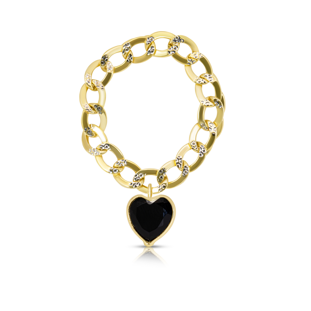 14K Yellow Gold Black Heart Cuban Chain Ring