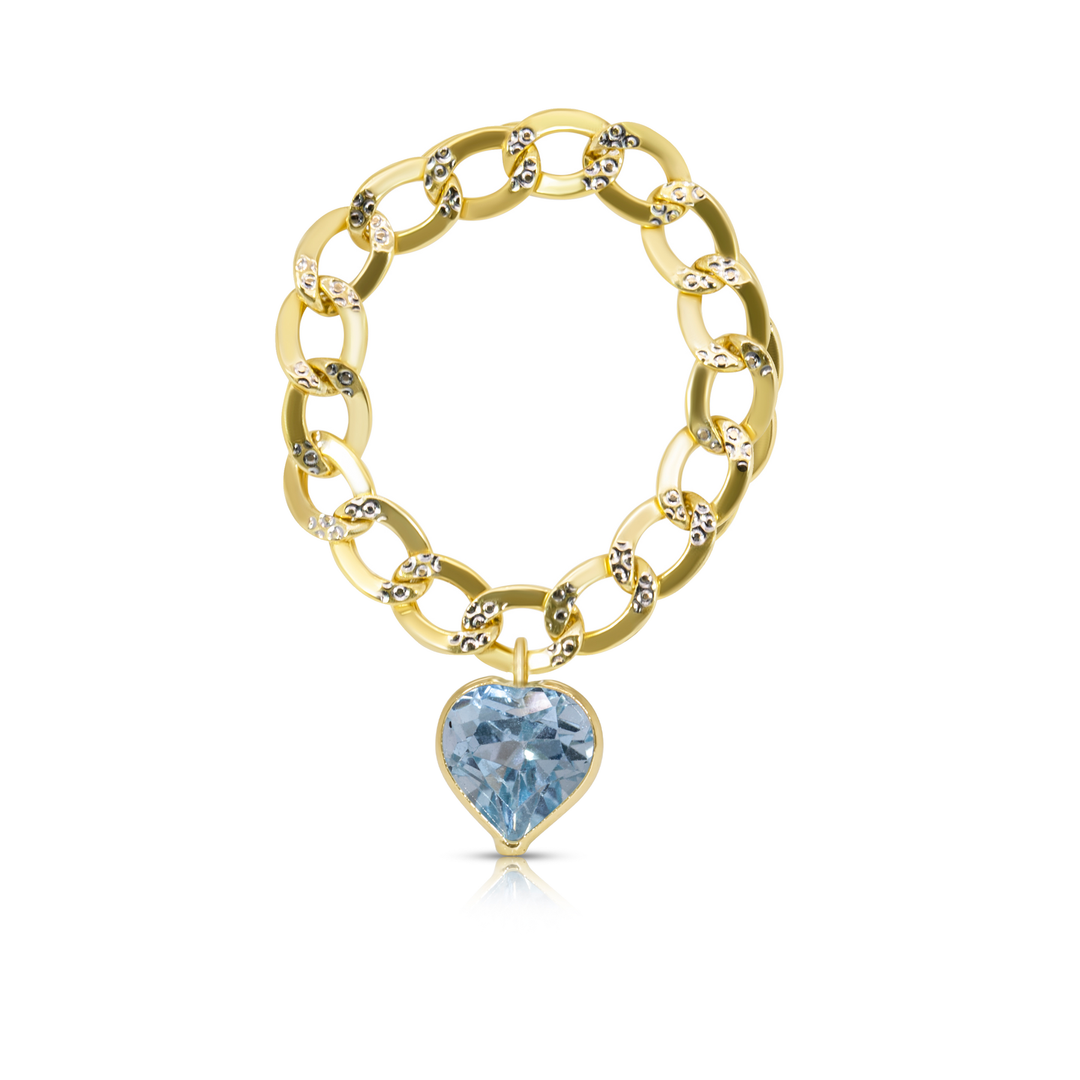 14K Yellow Gold Blue Heart Cuban Chain Ring