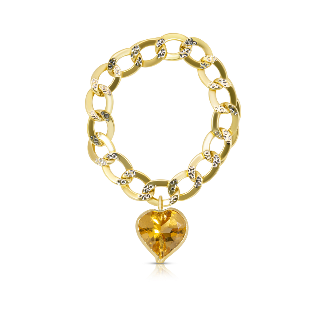 14K Yellow Gold Citrine Heart Cuban Chain Ring