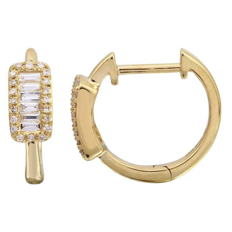 14K Yellow Gold Diamonds Pave and Baguette Huggies