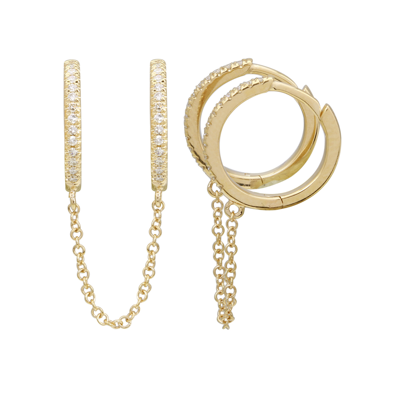 14K Yellow Gold Chain and Diamonds Double Huggies