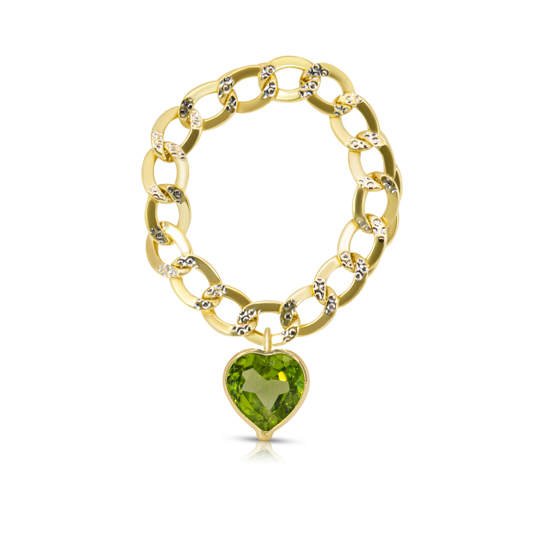 14K Yellow Gold Peridot Heart Cuban Chain Ring