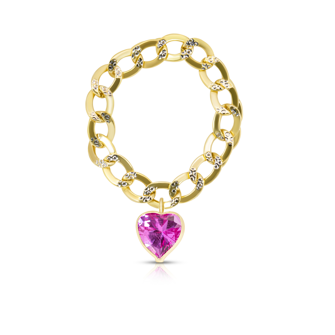 14K Yellow Gold Pink Heart Cuban Chain Ring