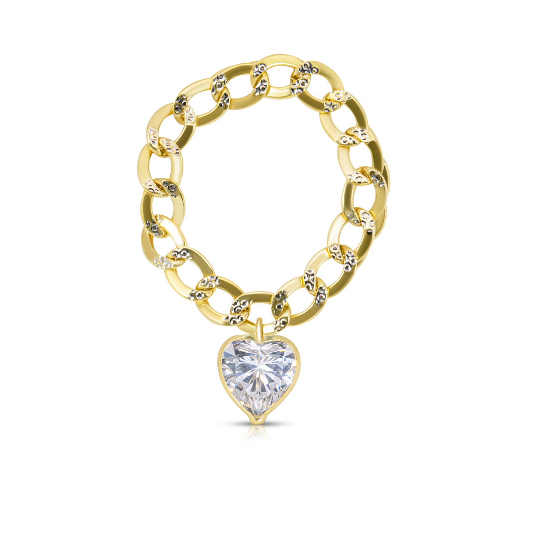 14K Yellow Gold White Heart Cuban Chain Ring