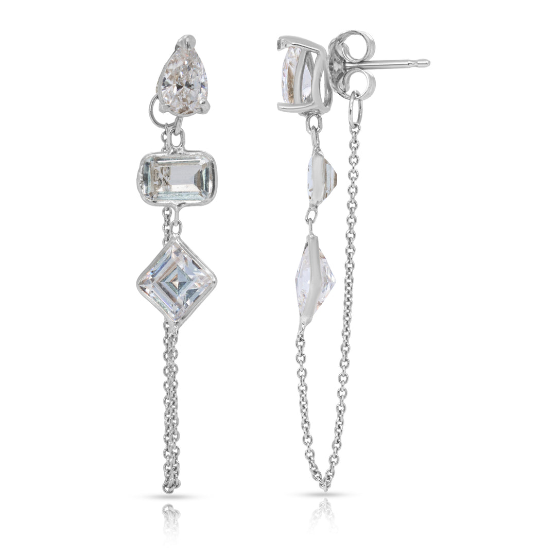 14K White Gold Drop, Emerald And Princess Cut White Gemstones Chain Studs