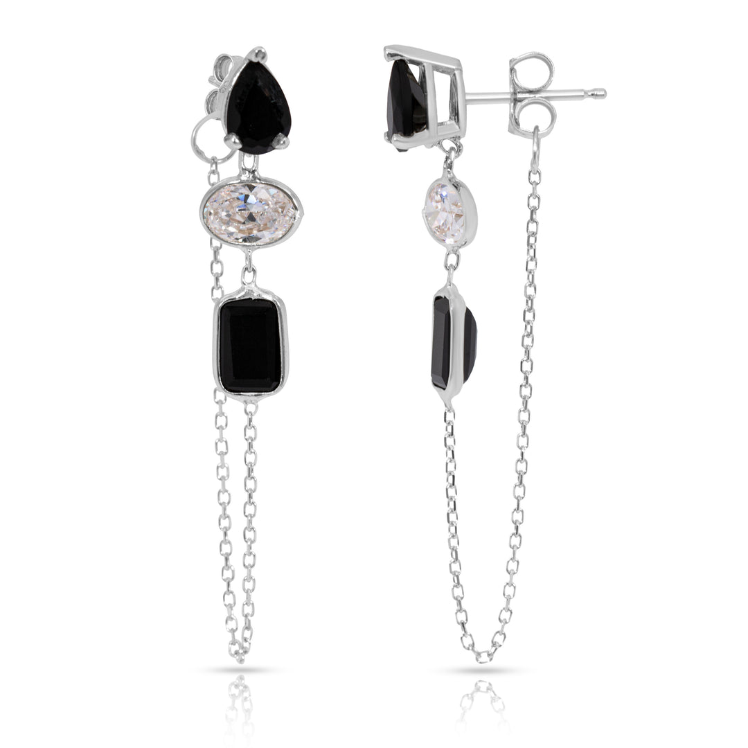 14K White Gold Drop, Oval And Emerald Cut Black Onyx And White Gemstones Chain Studs