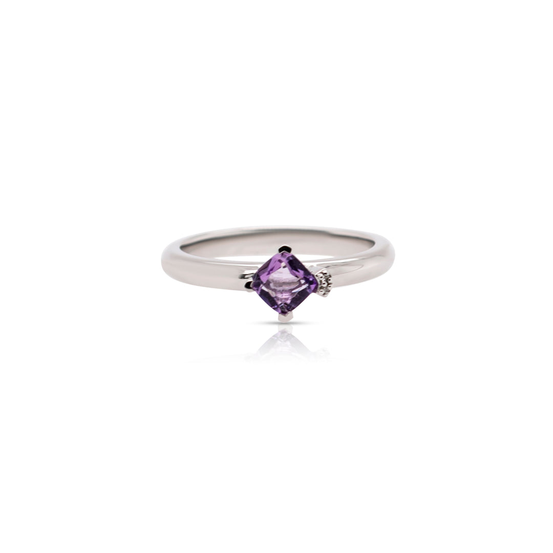 925 Sterling Silver Princess Cut Amethyst and Diamond Ring