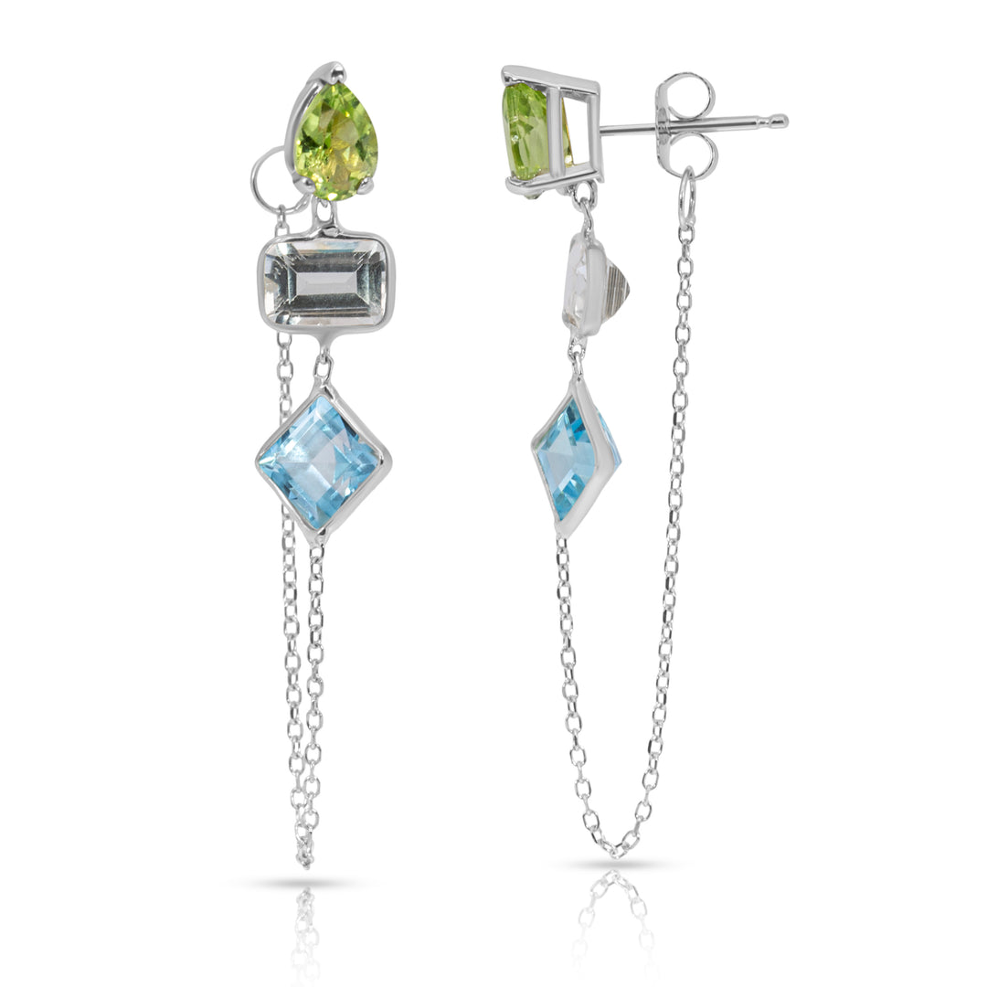 14K White Gold Drop, Emerald And Princess Cut Peridot, White, Blue Topaz Gemstones Chain Studs