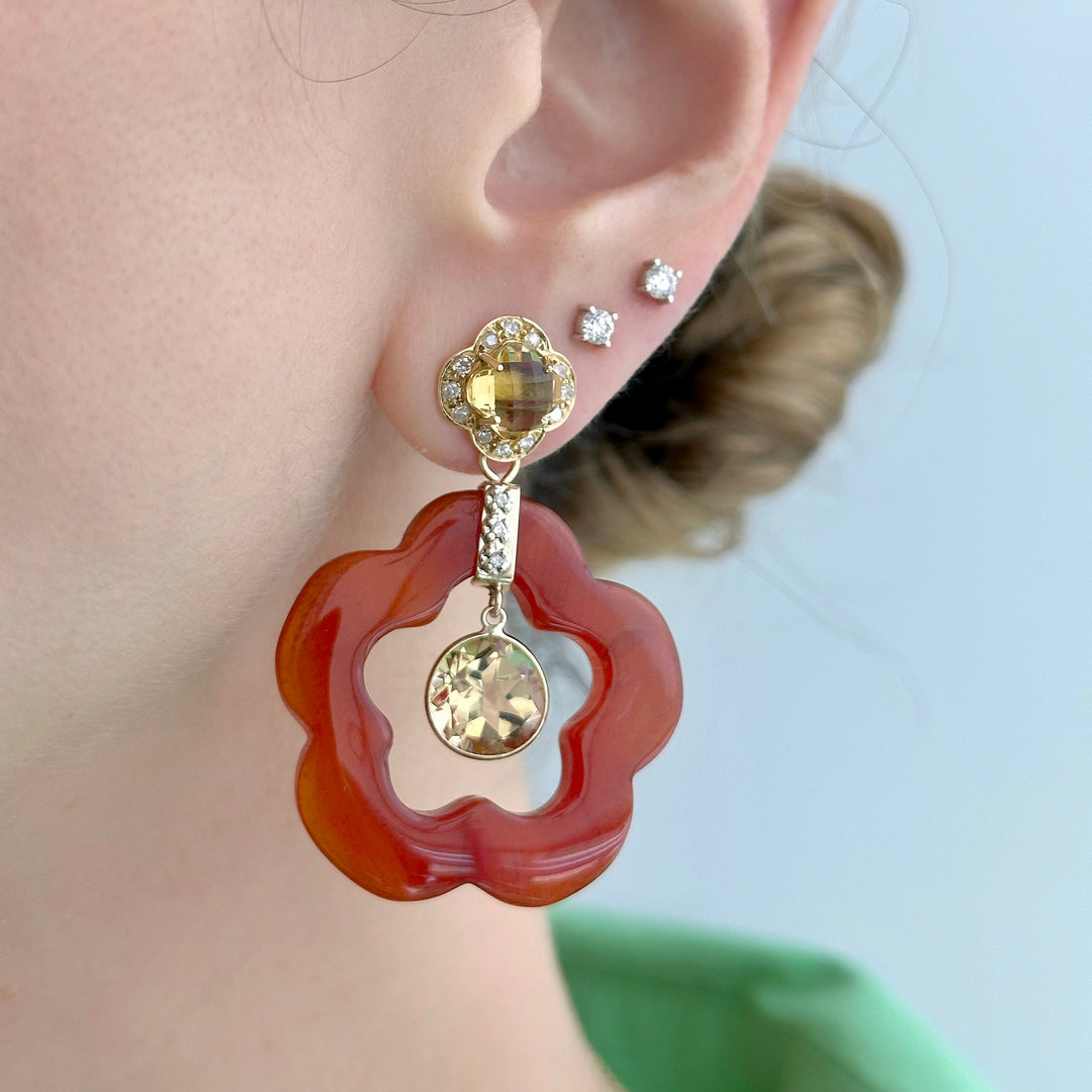 14K Gold Citrine and Carnelian Dangling Flower Earring Pendants