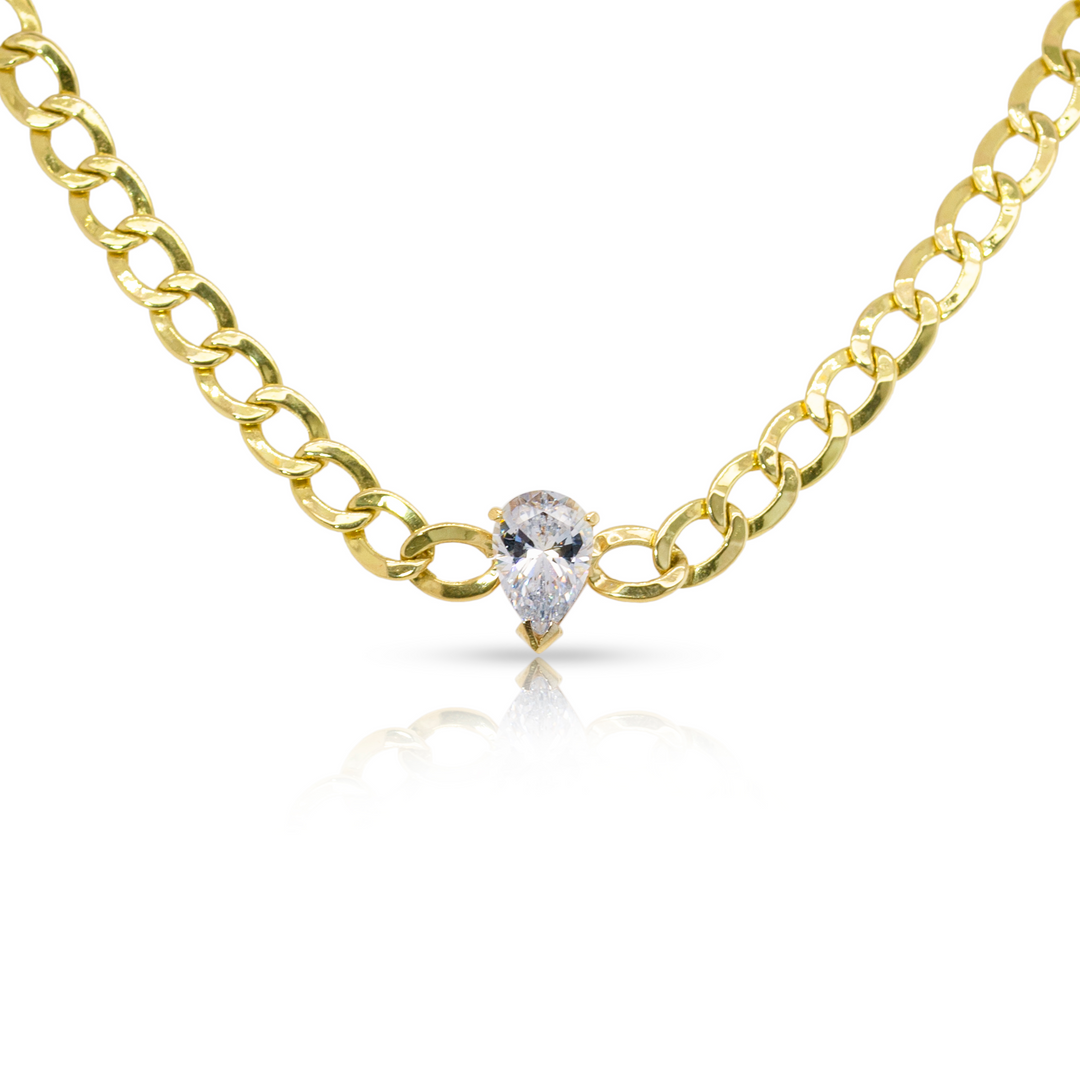 14K Yellow Gold Drop Gemstone Flat Curb Cuban Chain Choker Necklace