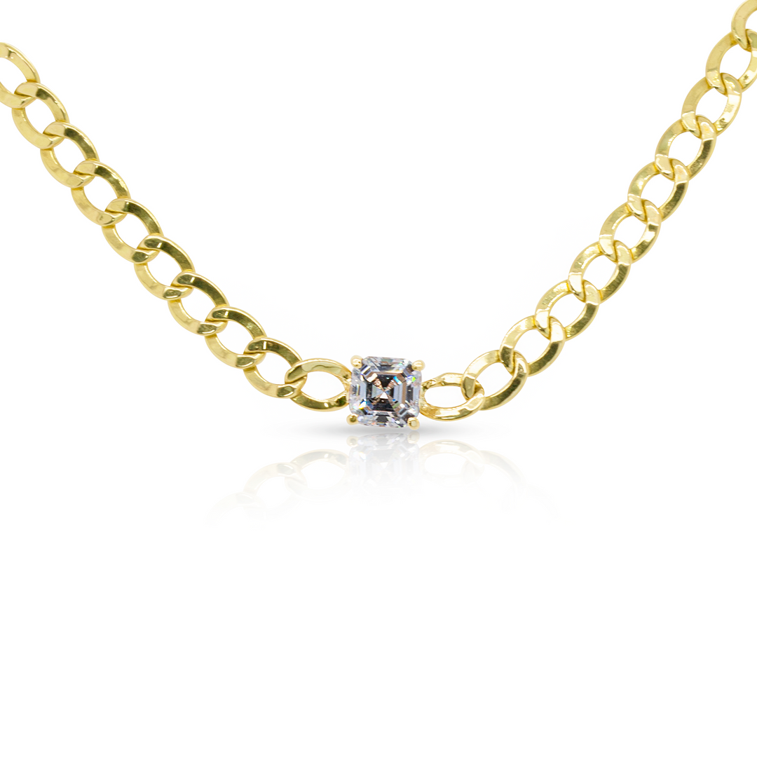 14K Yellow Gold Princess Cut Flat Curb Cuban Chain Choker Necklace