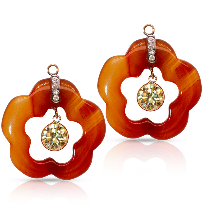 14K Gold Citrine and Carnelian Dangling Flower Earring Pendants