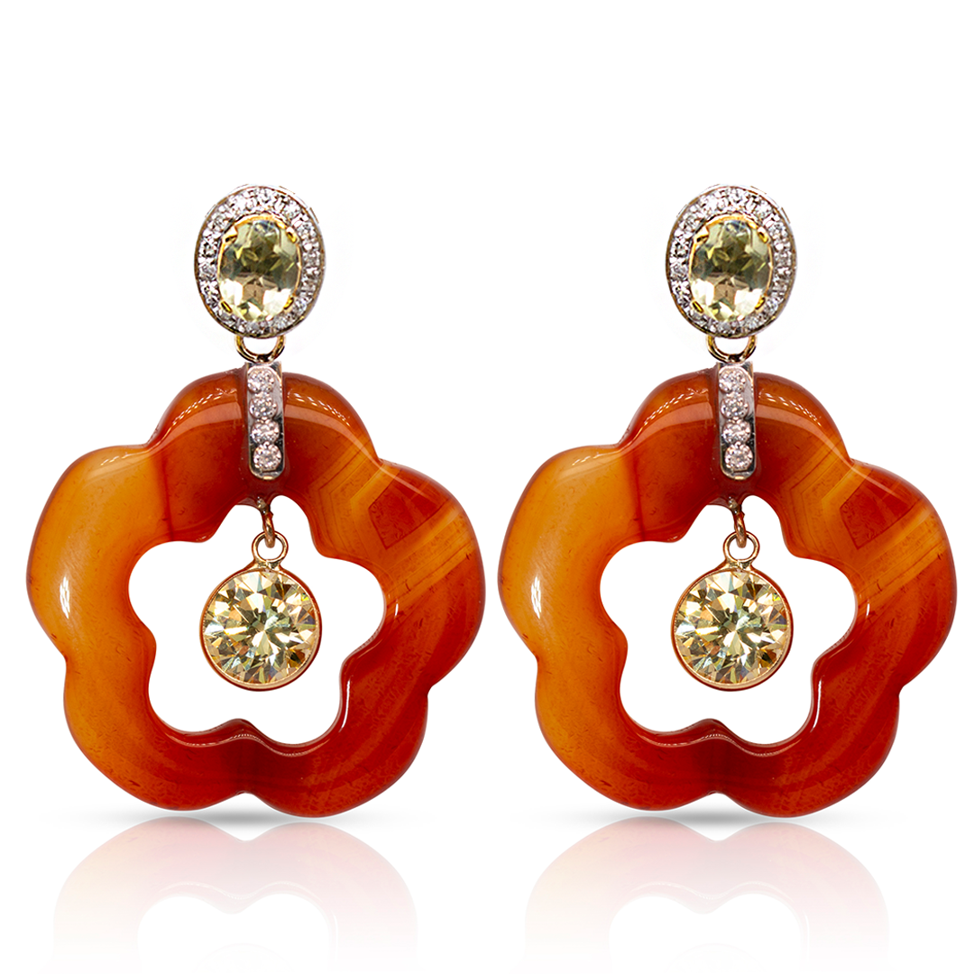 14K Gold Citrine and Carnelian Dangling Flower Earring Pendants