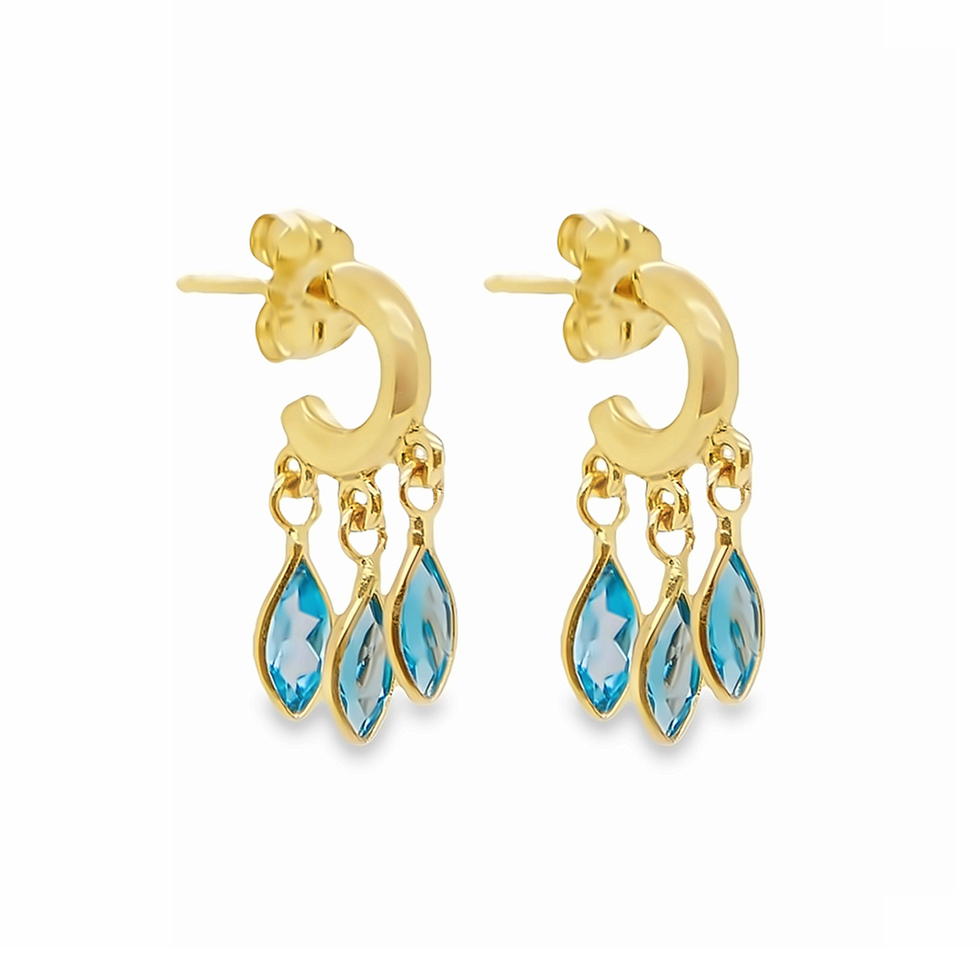14K Gold Blue Topaz Marquise Dangling Huggies