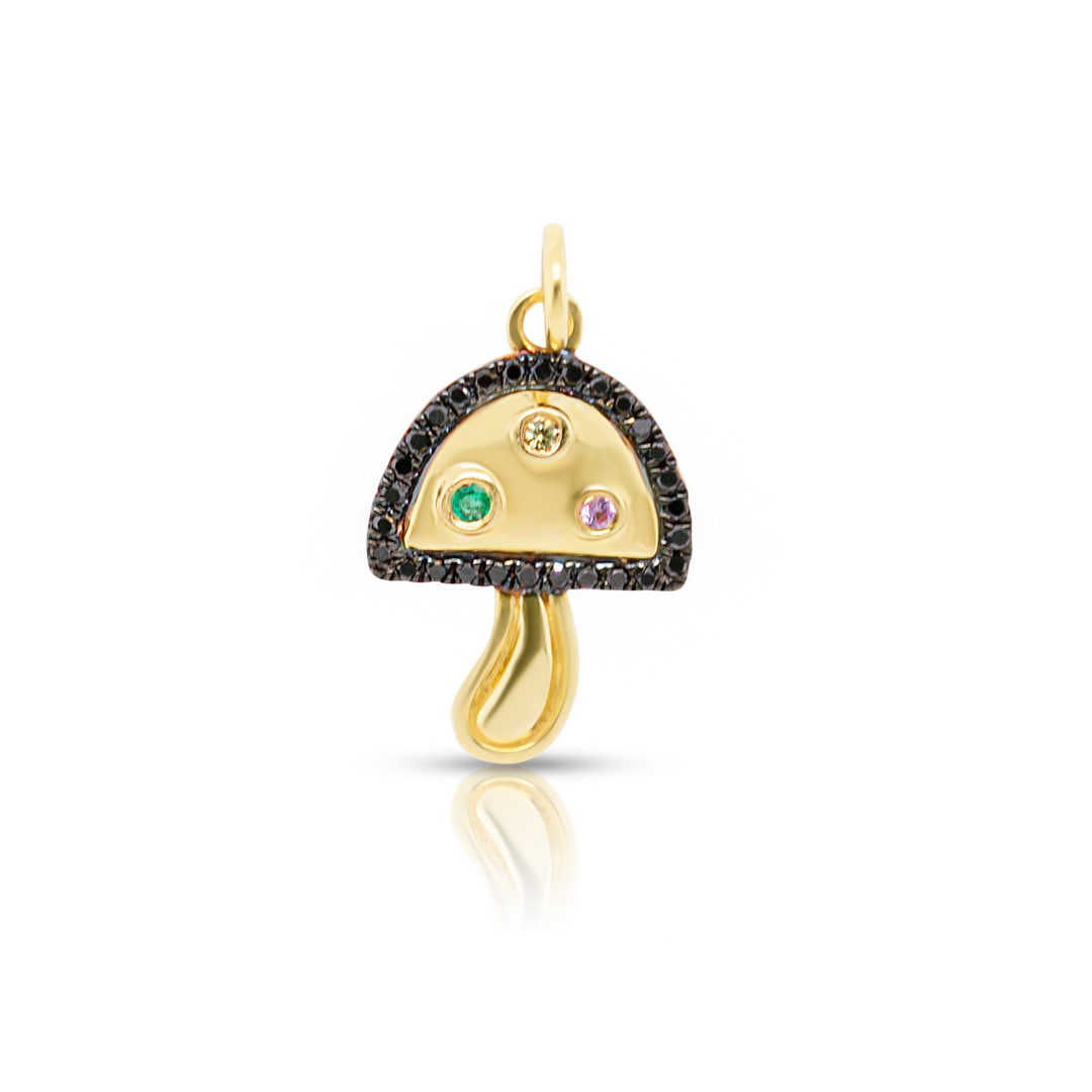 14k Gold Black Diamonds and Gemstones Mushroom Charm