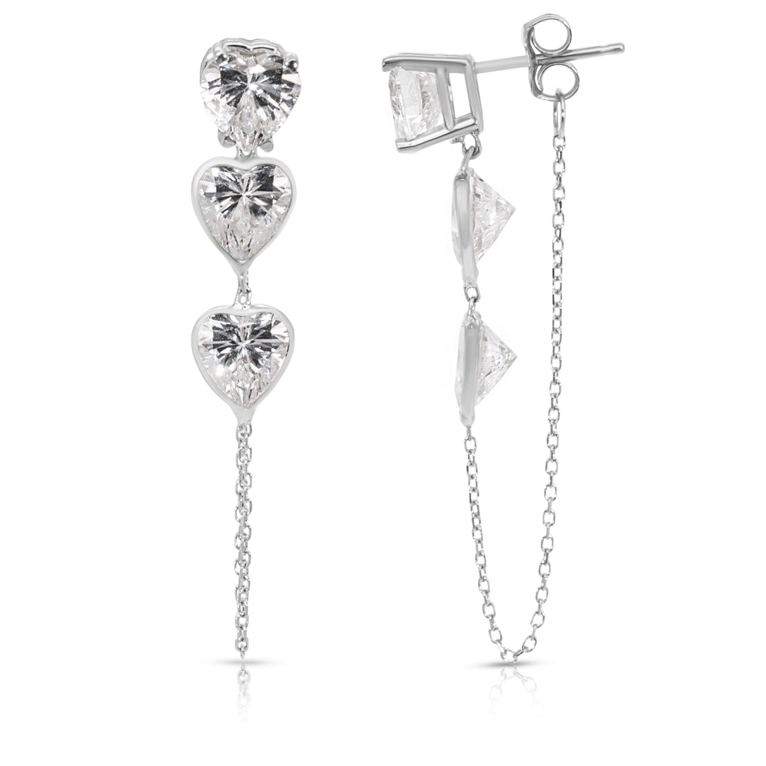 14K White Gold Triple Heart-Shaped White Gemstones Chain Studs Earrings