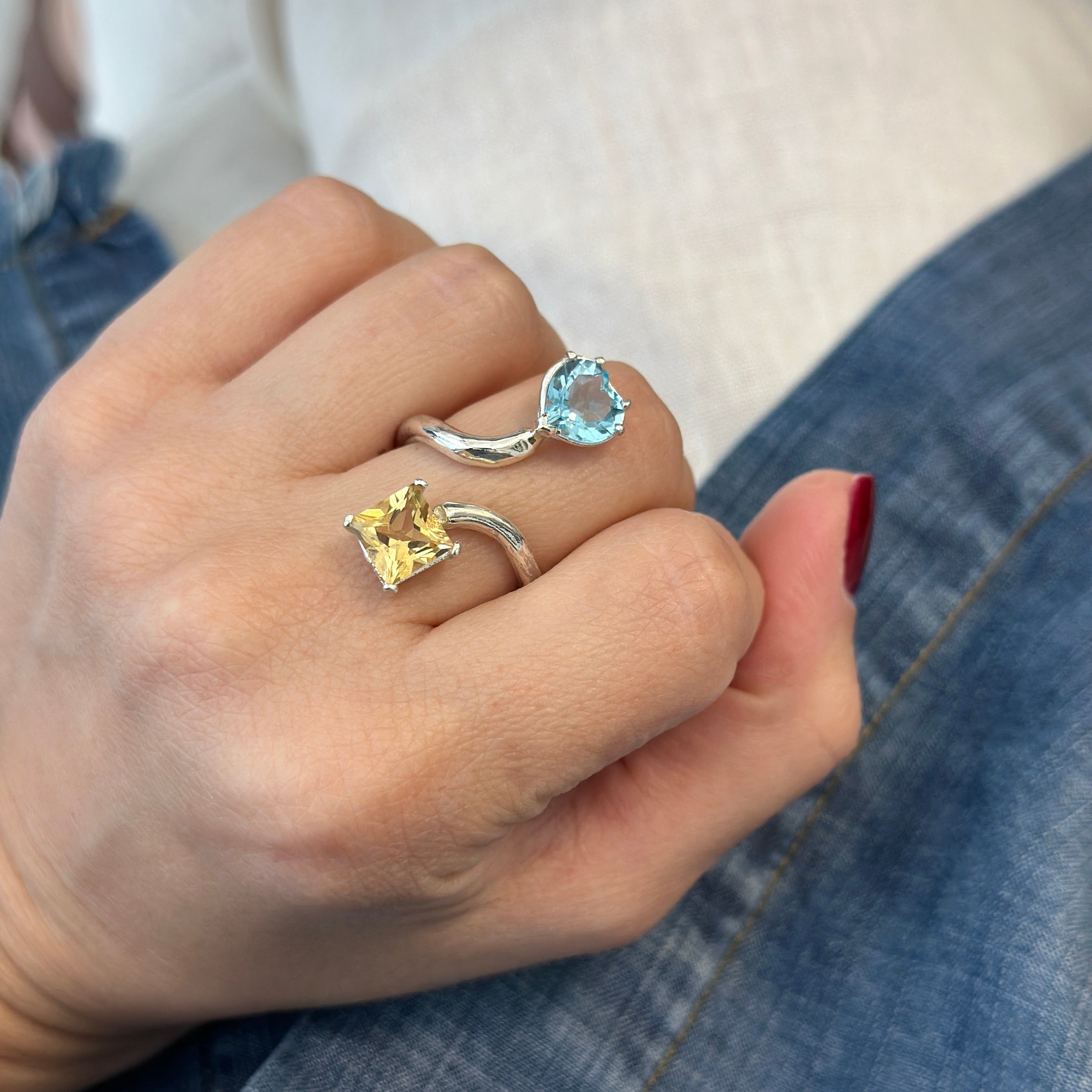 925 Sterling Silver Blue Topaz Heart and Citrine Princess Cut Gemstones Adjustable Ring