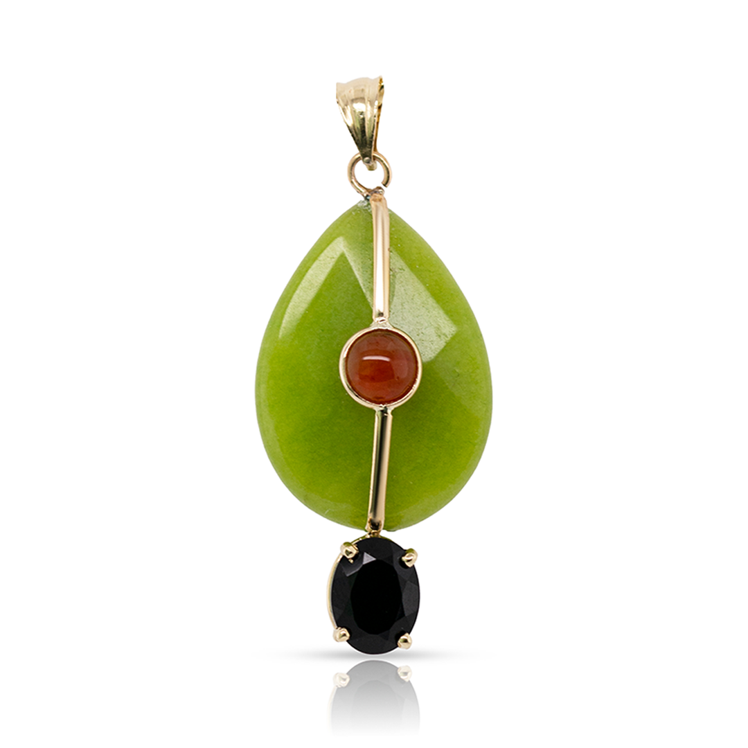 14K Gold Green Quartz, Carnelian and Black Onyx Charm