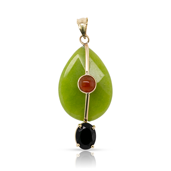 14K Gold Green Quartz, Carnelian and Black Onyx Charm