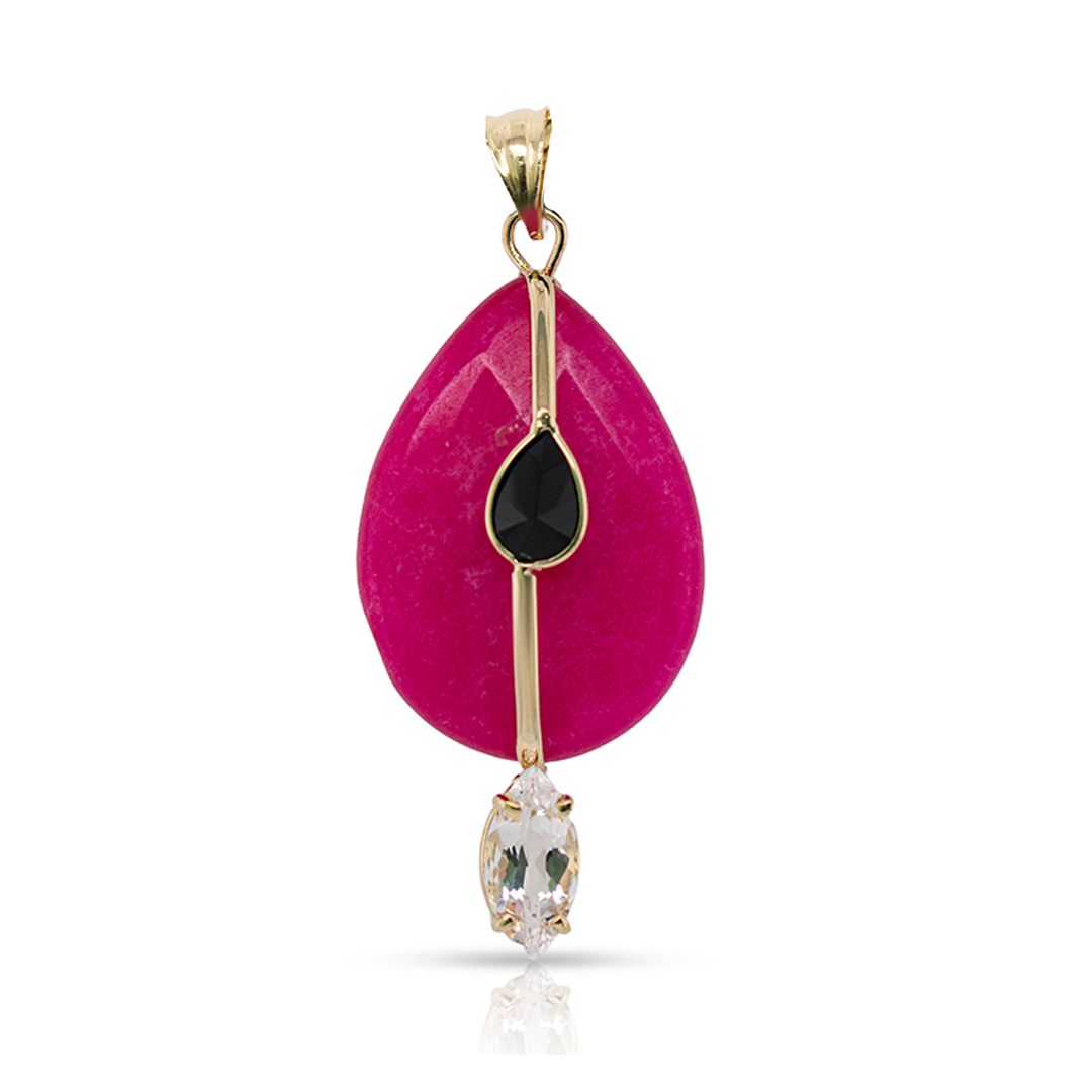 14K Gold Pink Quartz, White Topaz and Black Onyx Charm