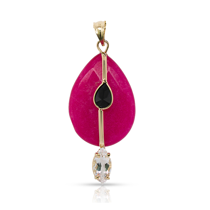 14K Gold Pink Quartz, White Topaz and Black Onyx Charm