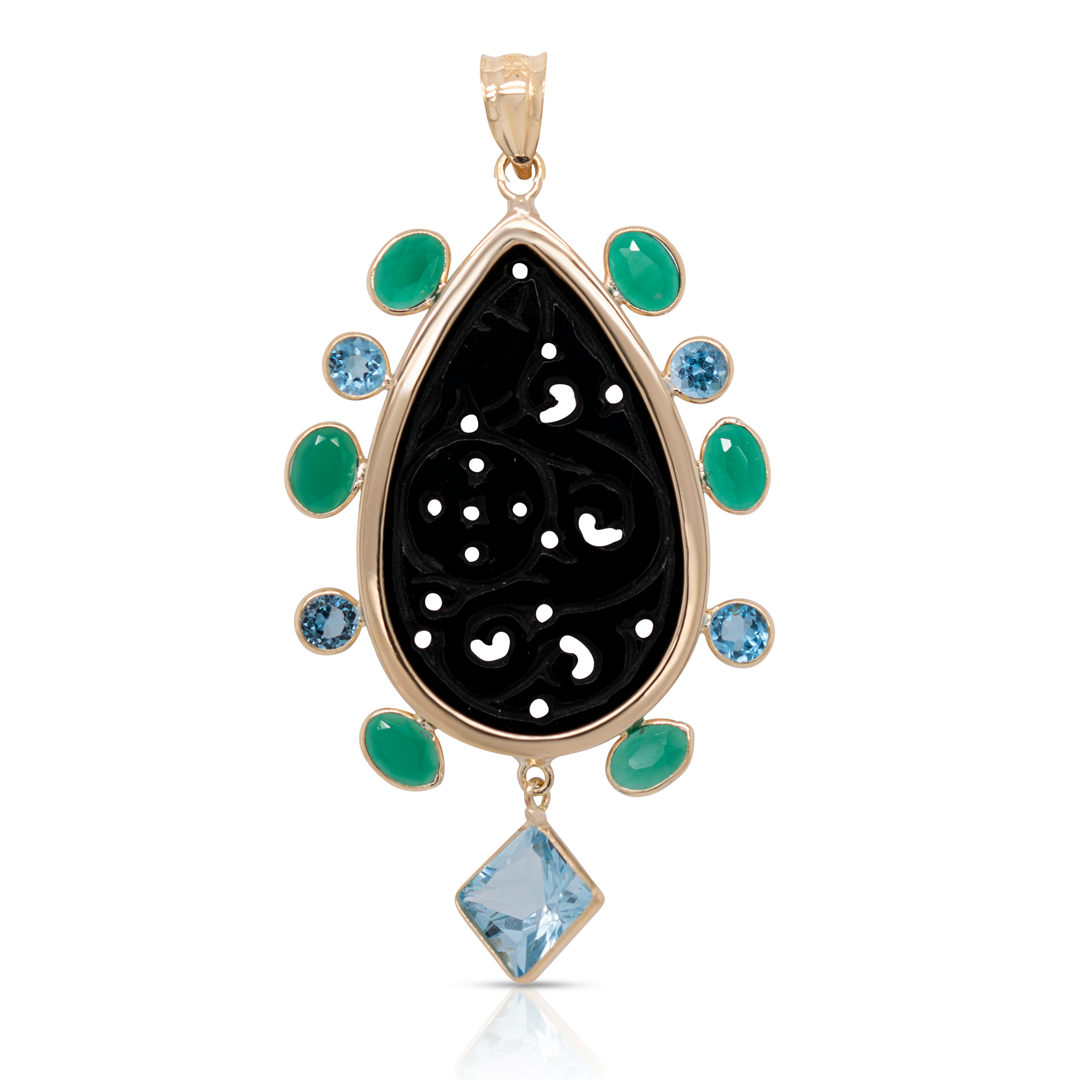 14K Gold, Carved Onyx, Green and Blue Topaz Charm
