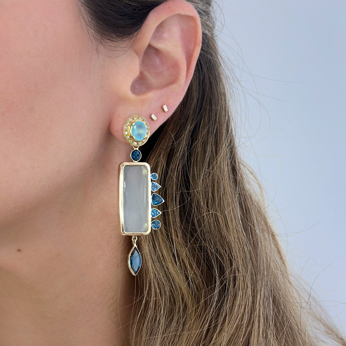 14K Gold Blue Topaz and Amazonite Earring Pendants
