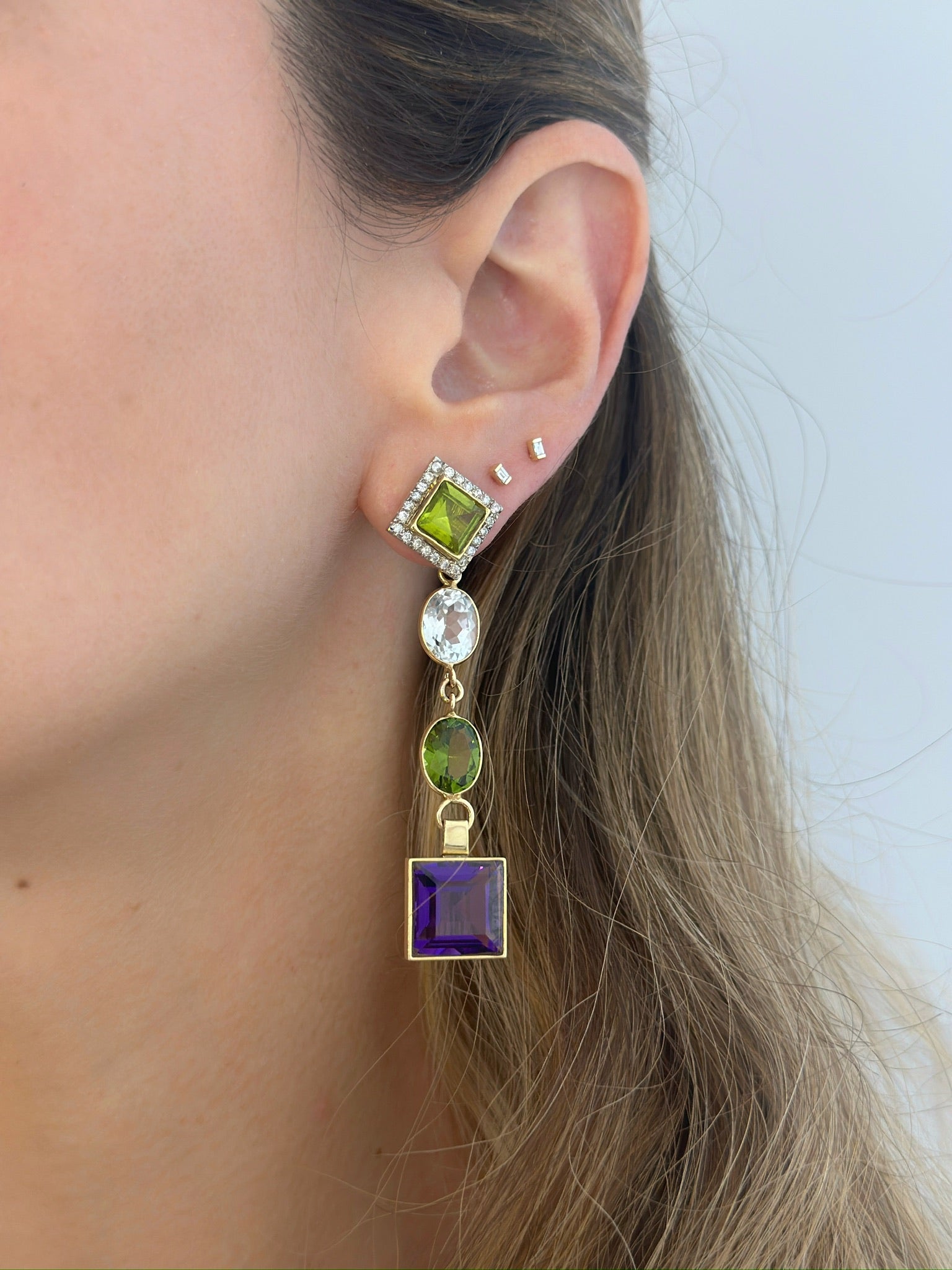 14K Gold White Topaz, Peridot and Amethyst Earring Pendants