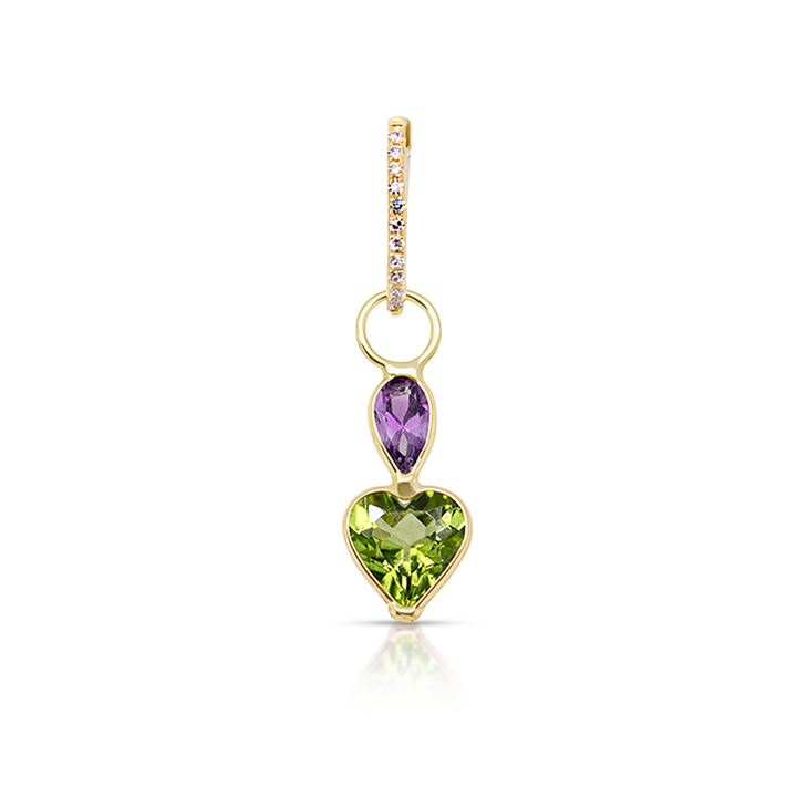 14K Gold Peridot and Amethyst Gemstones Heart Earring Charm