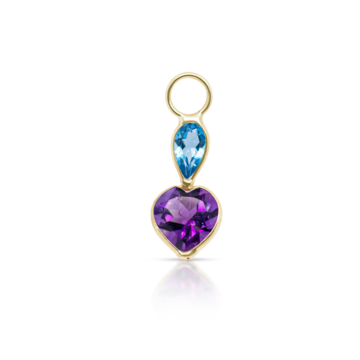 14K Gold Blue Topaz and Amethyst Gemstones Heart Earring Charm