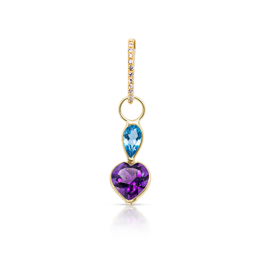 14K Gold Blue Topaz and Amethyst Gemstones Heart Earring Charm