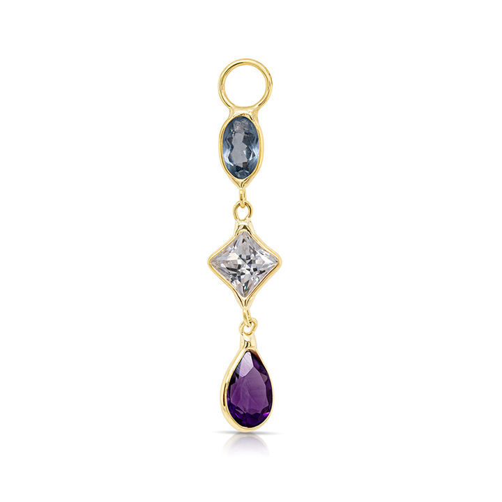 14K Gold Blue Topaz, White and Amethyst Multi-shaped Gemstones Earring Charm