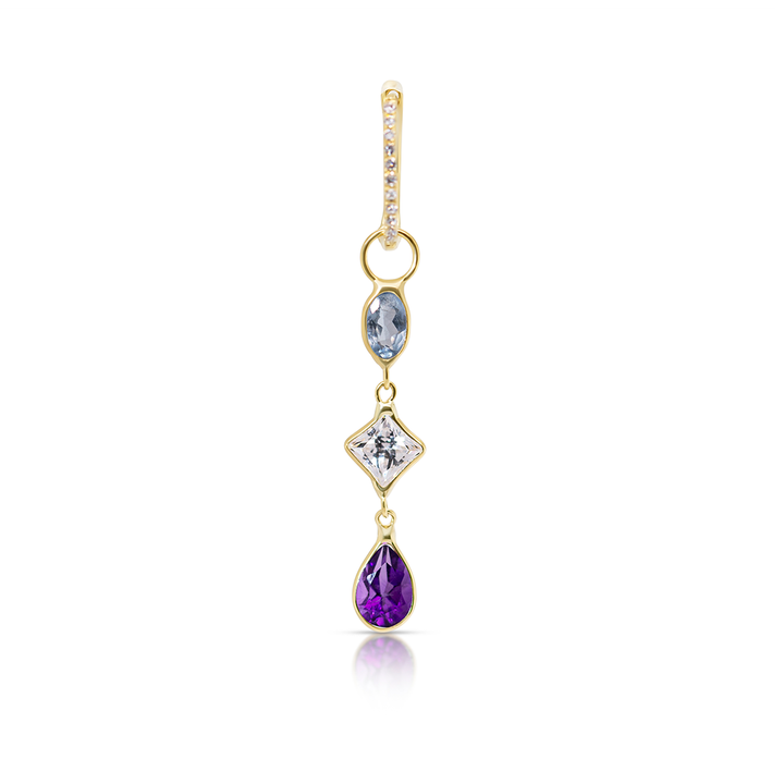 14K Gold Blue Topaz, White and Amethyst Multi-shaped Gemstones Earring Charm