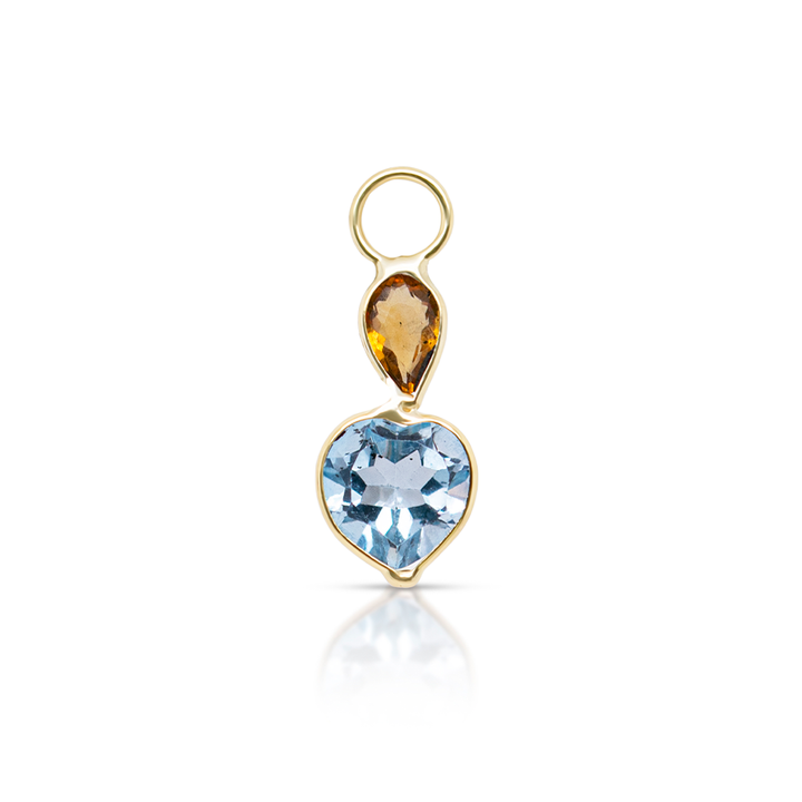 14K Gold Citrine and Blue Topaz Gemstones Heart Earring Charm