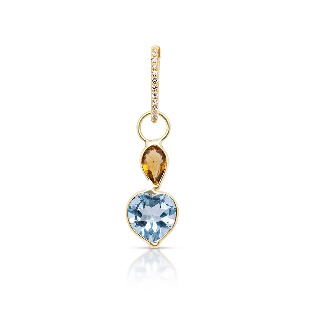 14K Gold Citrine and Blue Topaz Gemstones Heart Earring Charm