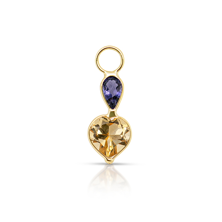 14K Gold Iolite and Citrine Gemstones Heart Earring Charm