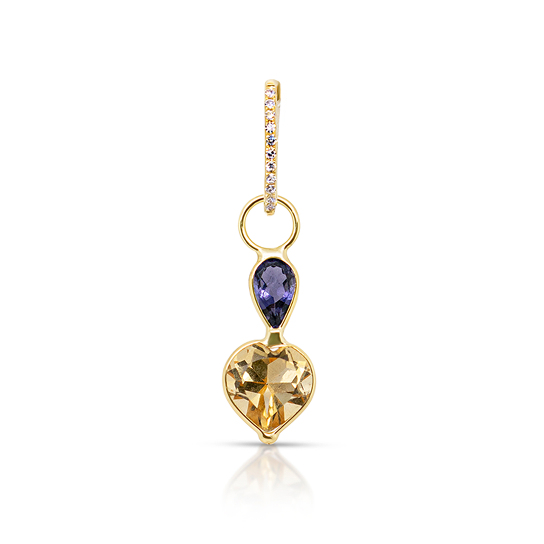 14K Gold Iolite and Citrine Gemstones Heart Earring Charm