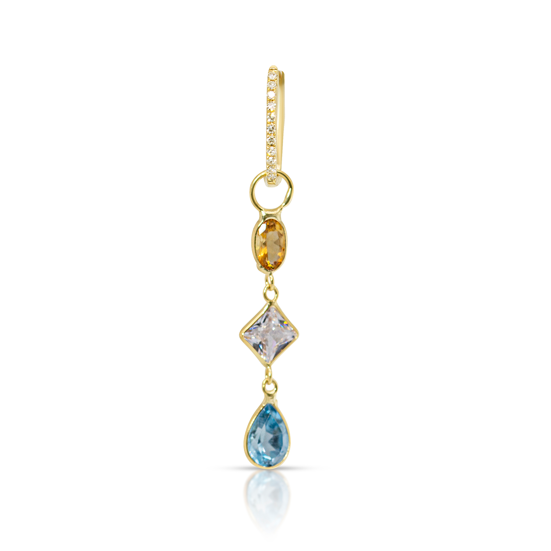 14K Gold Citrine, White and Blue Topaz Multi-shaped Gemstones Earring Charm