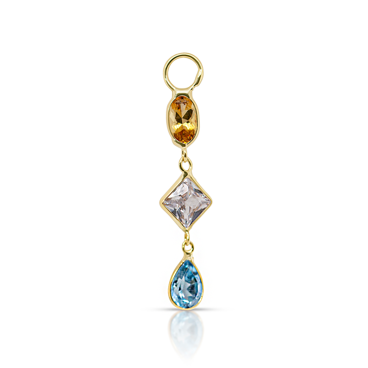 14K Gold Citrine, White and Blue Topaz Multi-shaped Gemstones Earring Charm