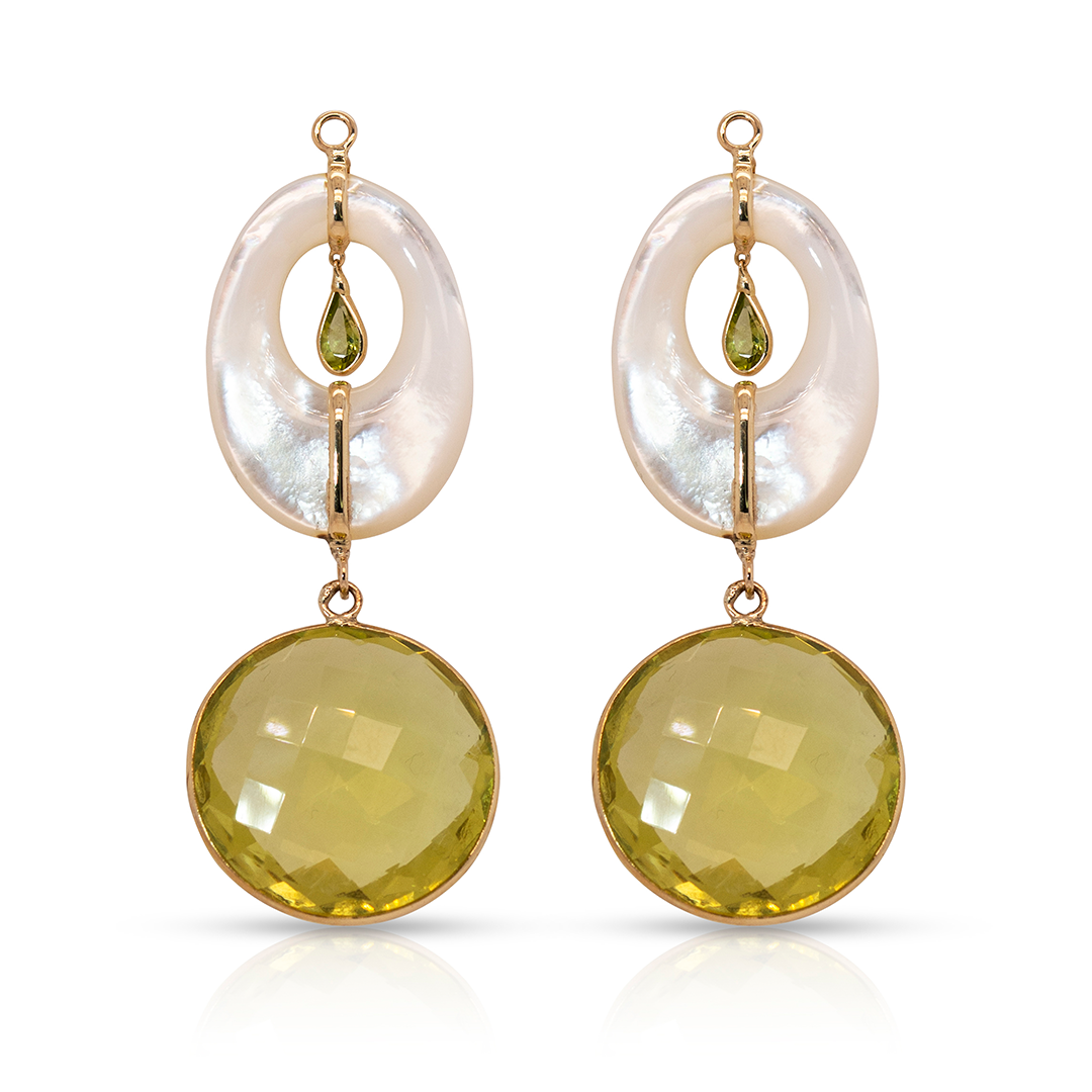 14K Gold Lemon Citrine and Mother of Pearl Earring Pendants