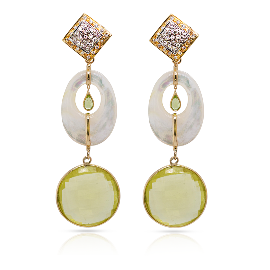 14K Gold Lemon Citrine and Mother of Pearl Earring Pendants