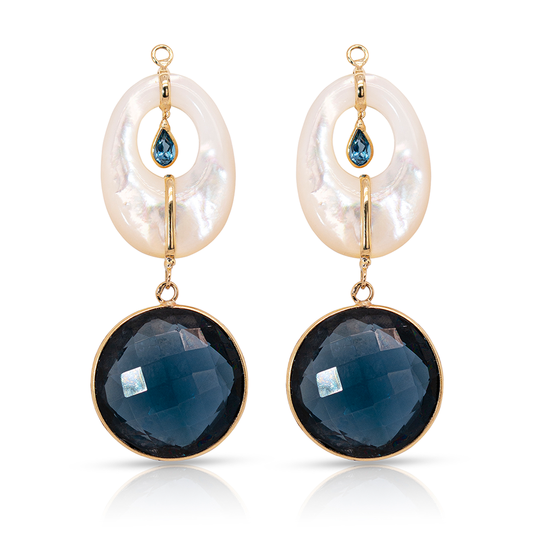 14K Gold London Blue Topaz and Mother of Pearl Earring Pendants