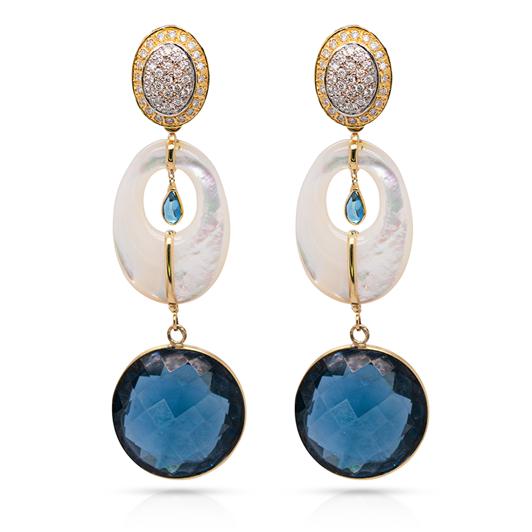 14K Gold London Blue Topaz and Mother of Pearl Earring Pendants