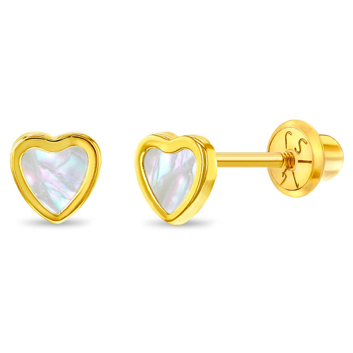 14K Gold Mother of Pearl Heart Girls Earrings