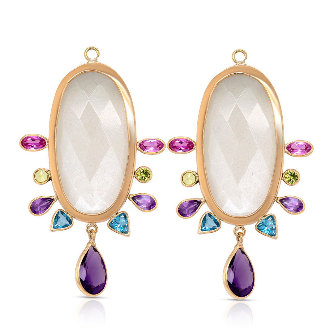 14k Gold Amethyst, Peridot, Pink Topaz and Oval Moonstone Earring Pendants