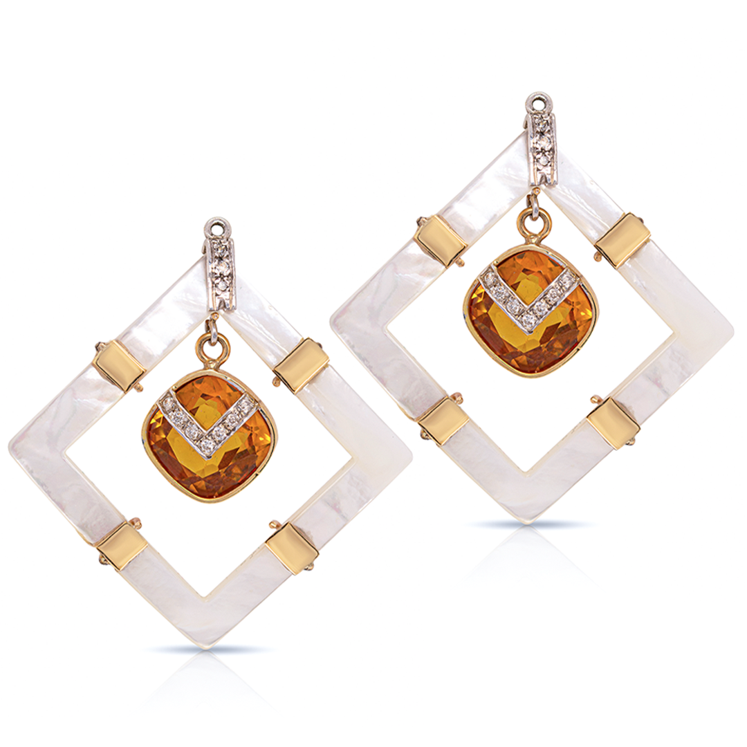 14K Gold Square Mother Pearl, Citrine and Diamonds Earring Pendants