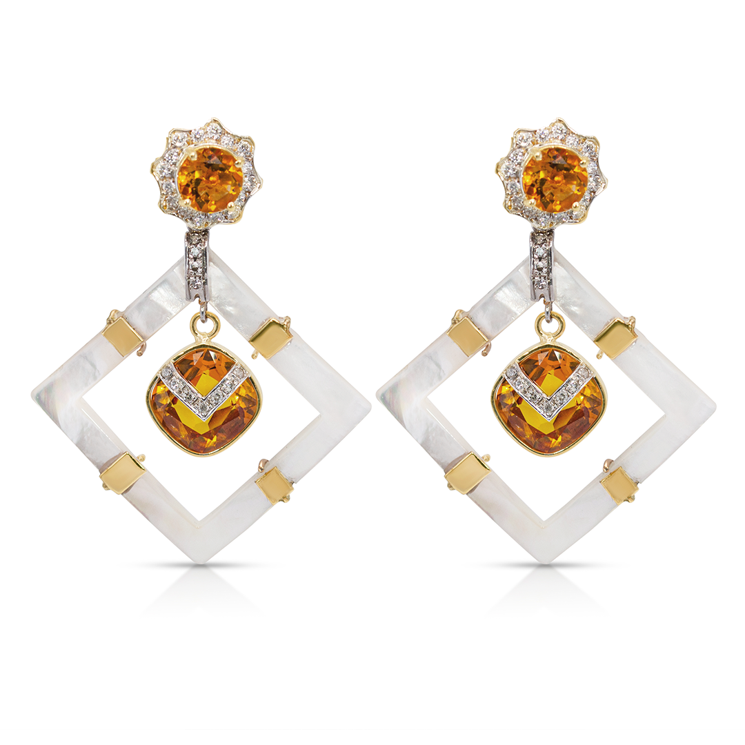 14K Gold Square Mother Pearl, Citrine and Diamonds Earring Pendants