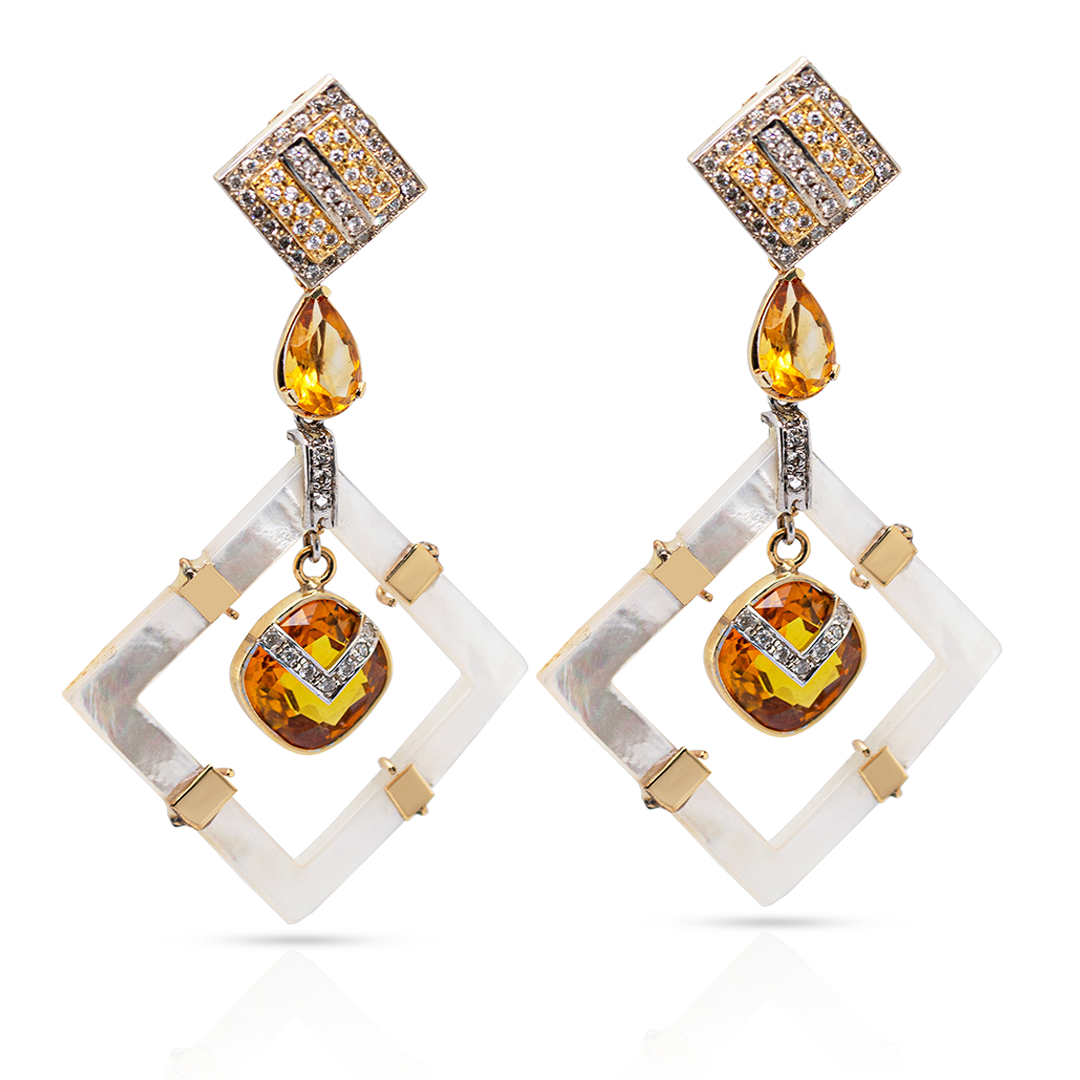 14K Gold Square Mother Pearl, Citrine and Diamonds Earring Pendants