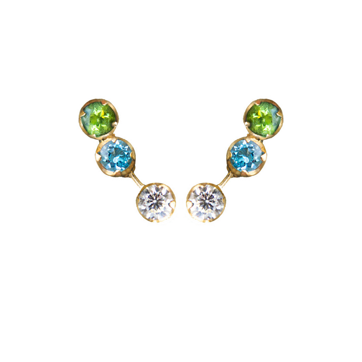 14K Yellow Gold White, Blue Topaz and Peridot Round Gemstones Crawler