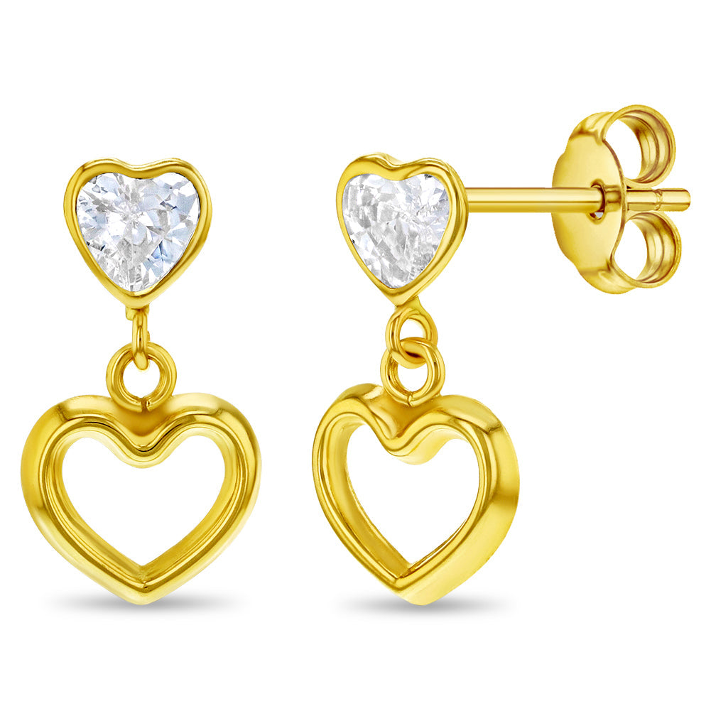 14K Gold Heart Dangle Girls Earrings